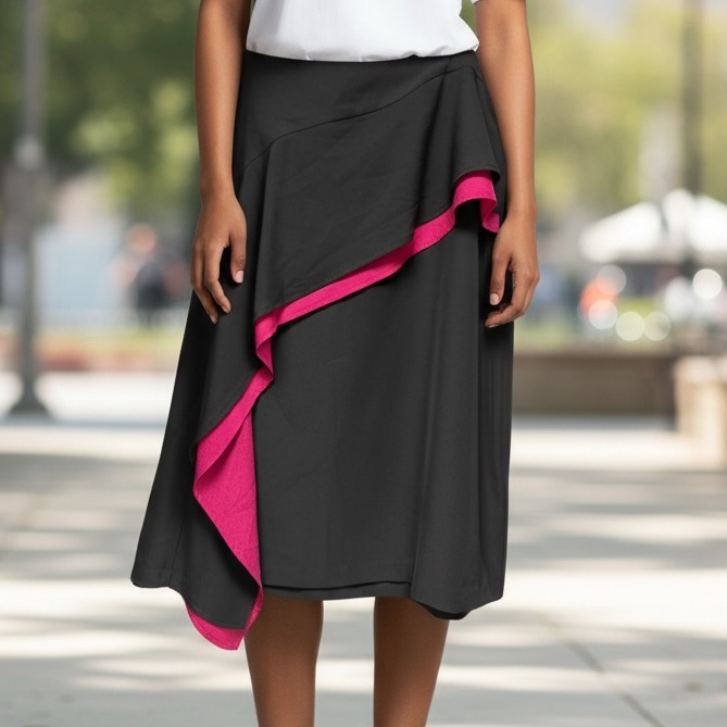 Dkny Asymmetrical Ruffle Midi Skirt Black & Pink | Size 12 Nwt